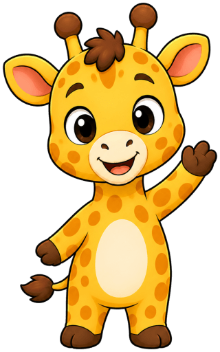 Zuri, a small cartoon giraffe with brown spots, waving hello.